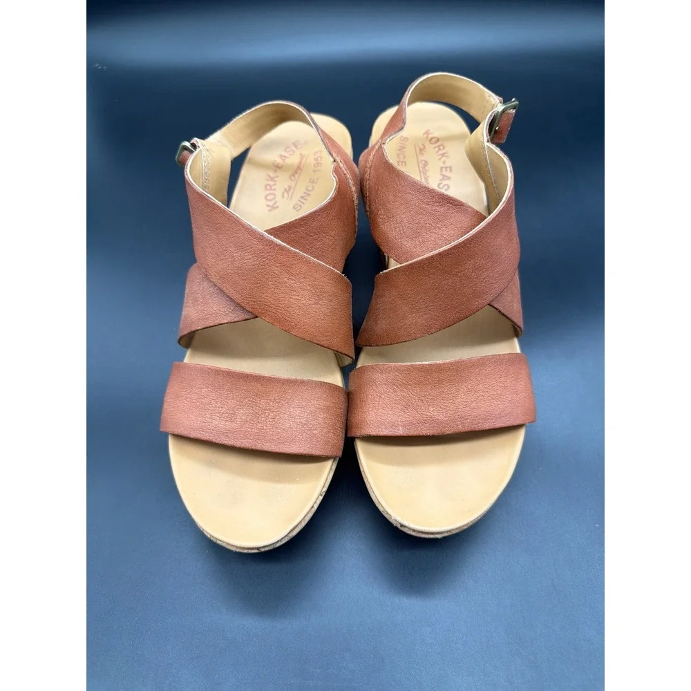Kork-Ease Tan Brown Leather Crisscross Cork Wedge Sandals K61306 Womens 8M